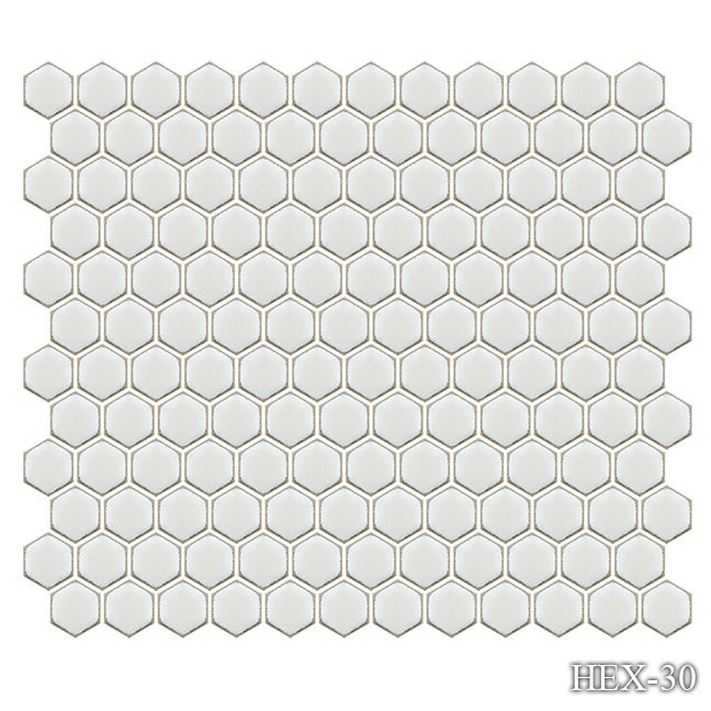 Fujiwa HEX-30 Crystal White 1" x 1" Hex glazed porcelain pool tile