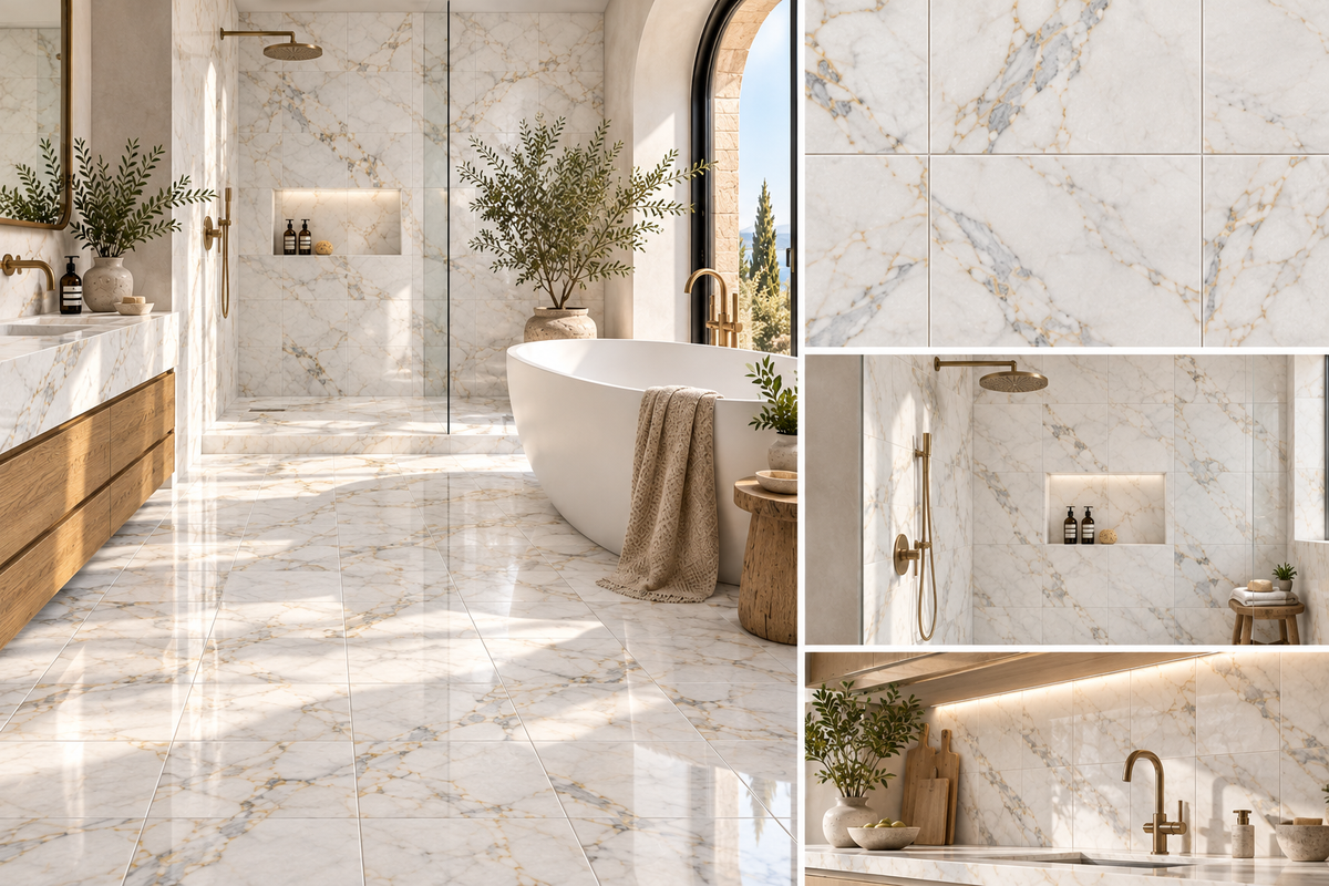 Calacatta Gold 12x12 marble bathroom design inspiration concept rendering