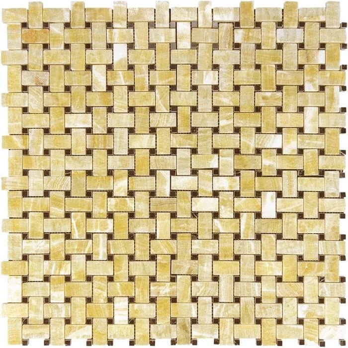 Honey Onyx Basketweave Mosaic w/ Black Dots 3/8 Polished - Hey Tiles