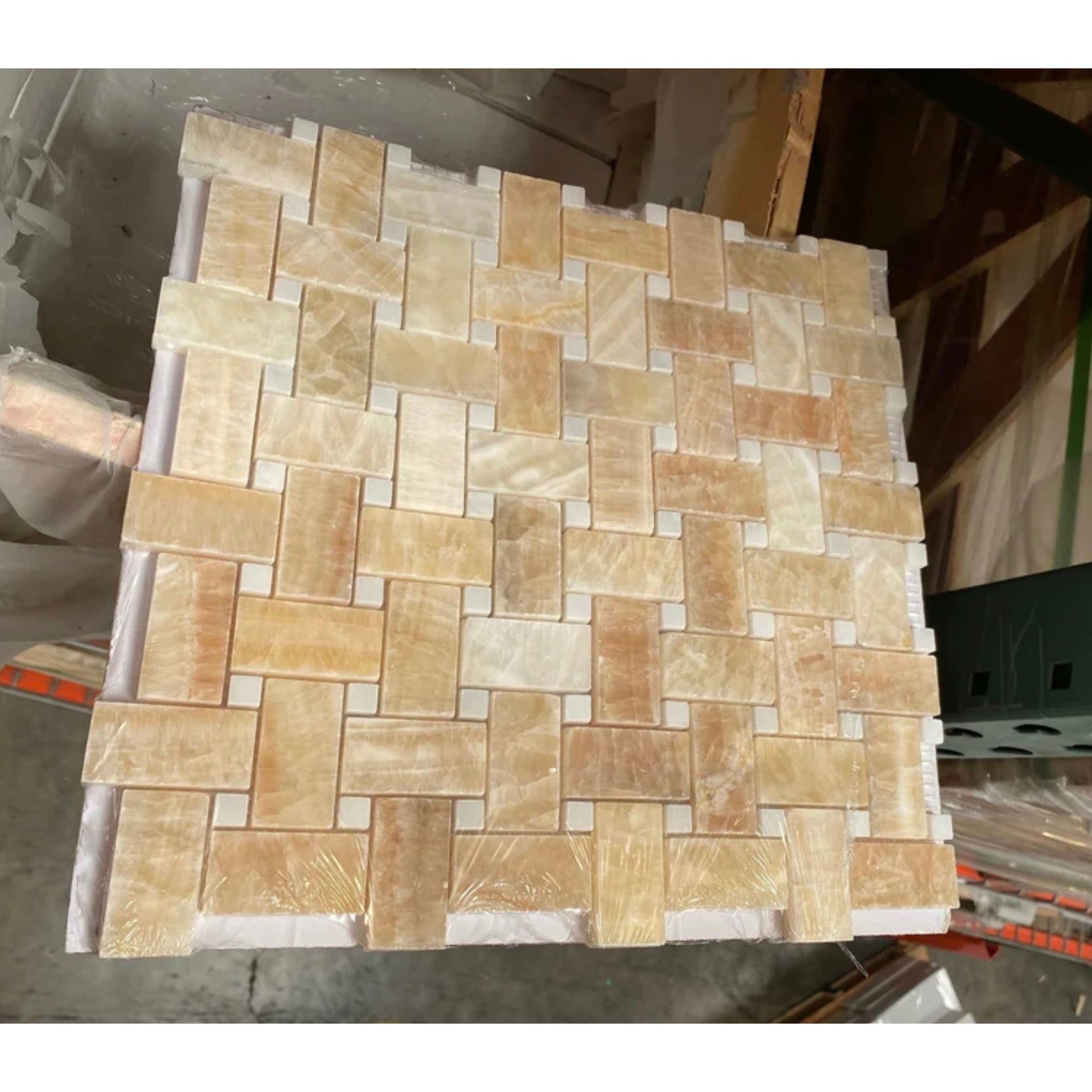 Honey Onyx Basketweave Mosaic w/ White Dots 3/8 Polished - Hey Tiles