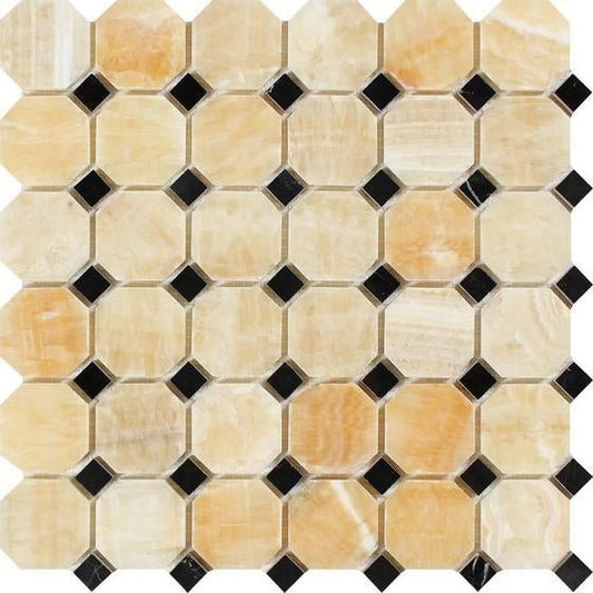 Honey Onyx Octagon Mosaic w/ Black Dots 3/8 Polished - Hey Tiles