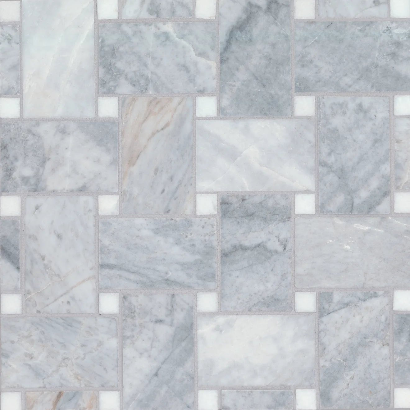 Jumbo Basketweave Honed Marble in Bardiglio with Thassos Dot - Hey Tiles