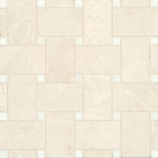 Jumbo Basketweave Honed Marble in Beige Marble with Thassos Dot - Hey Tiles