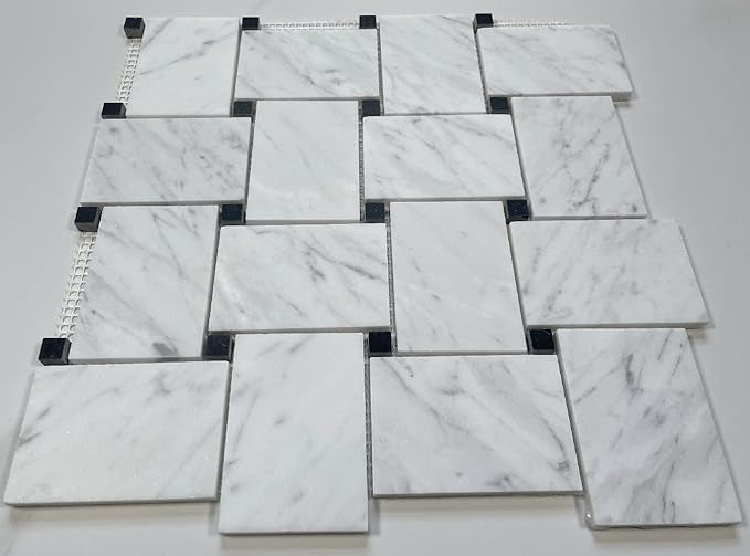 Jumbo Carrara White Marble Large Basketweave Mosaic Tile W/ Black Dots - Hey Tiles