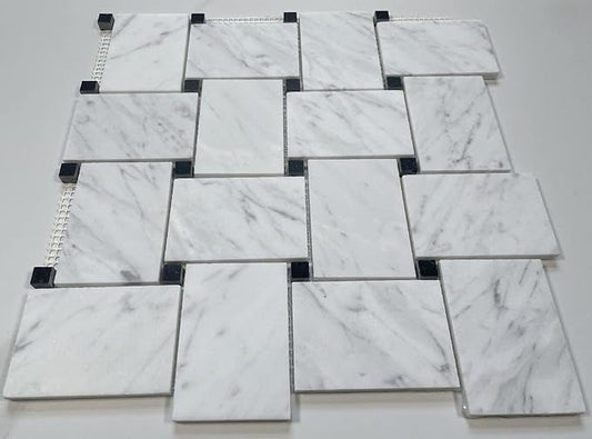 Jumbo Carrara White Marble Large Basketweave Mosaic Tile W/ Black Dots - Hey Tiles