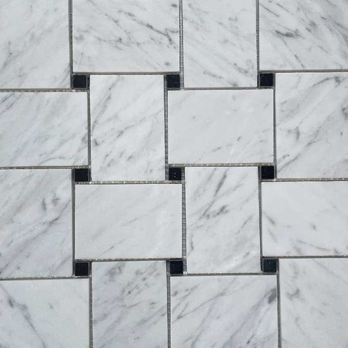 Jumbo Carrara White Marble Large Basketweave Mosaic Tile W/ Black Dots - Hey Tiles