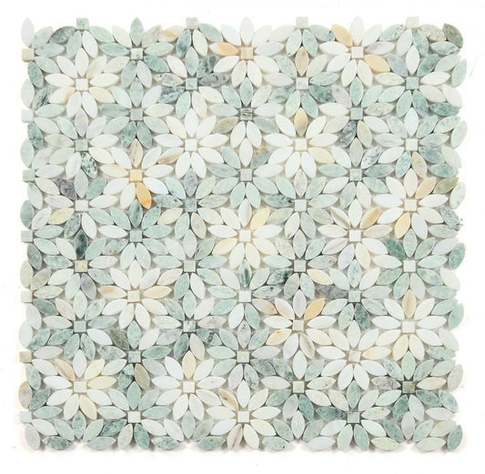 Ming Green + Calacatta Gold Floral Daisy Pattern 12.75 x 12.5 - Hey Tiles