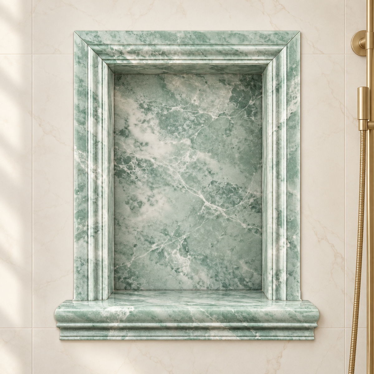 Ming Green Classico Marble Shower Shampoo Niche – Large – front bathroom view; AI-generated visualization