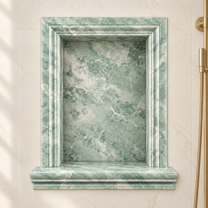 Ming Green Classico Marble Shower Shampoo Niche – Large – front bathroom view; AI-generated visualization