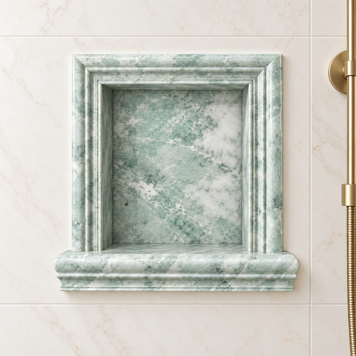 Ming Green Classico Marble Shower Shampoo Niche – Small – front bathroom view; AI-generated visualization