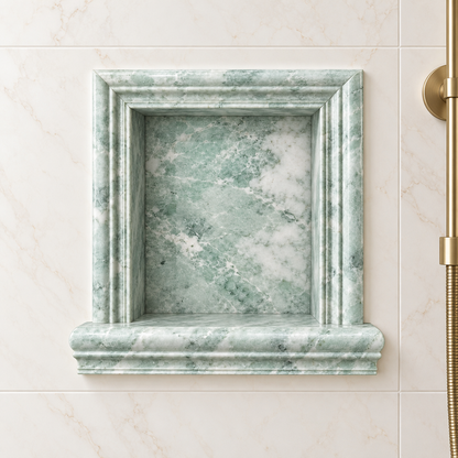 Ming Green Classico Marble Shower Shampoo Niche – Small – front bathroom view; AI-generated visualization