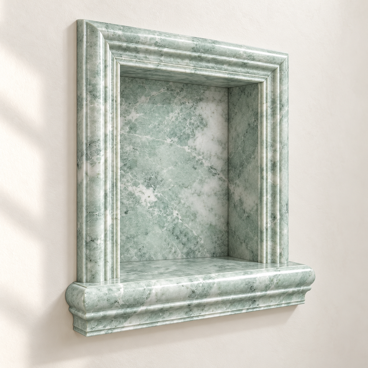 Ming Green Classico Marble Shower Shampoo Niche – Small – angled bathroom view; AI-generated visualization