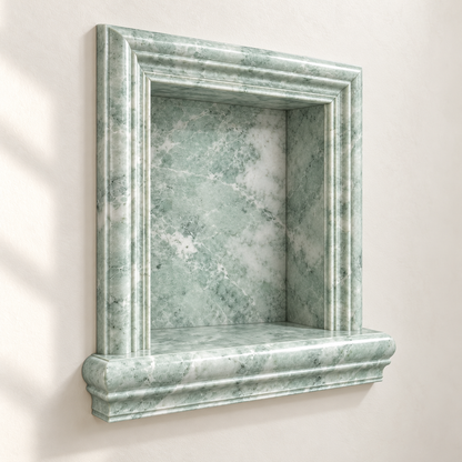Ming Green Classico Marble Shower Shampoo Niche – Small – angled bathroom view; AI-generated visualization