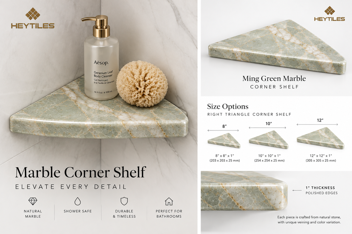 Ming Green corner shelf three size options, AI design concept