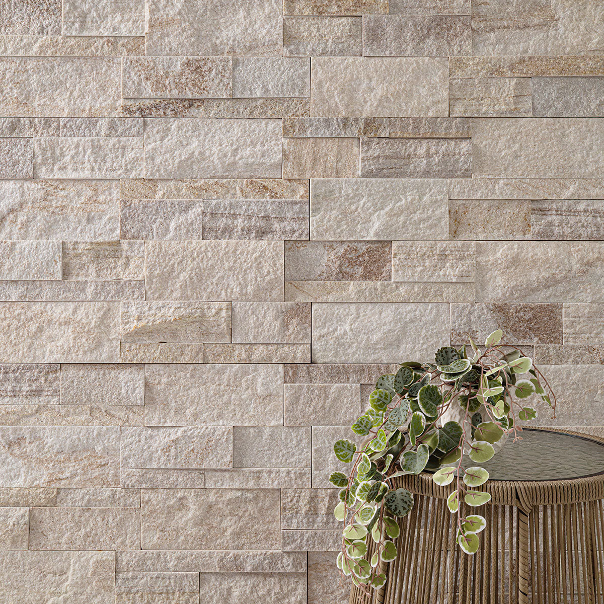MSI Gold Canyon stacked stone installed wall inspiration; coordinating panels shown