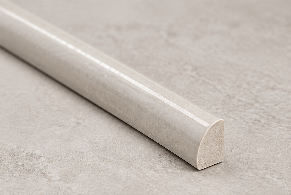Illustrative rendering of MSI Renzo Dove 0.6 x 12 quarter round ceramic trim