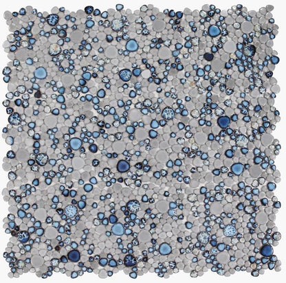 Poseidon Cielo 11.5x11.5 pebble mosaic tile in calming blue and gray tones, perfect for pool areas.