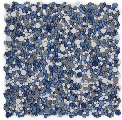 Poseidon Sky 11.5x11.5 Pebble Mosaic Tile in blue, gray, and white, ideal for modern pool aesthetics.