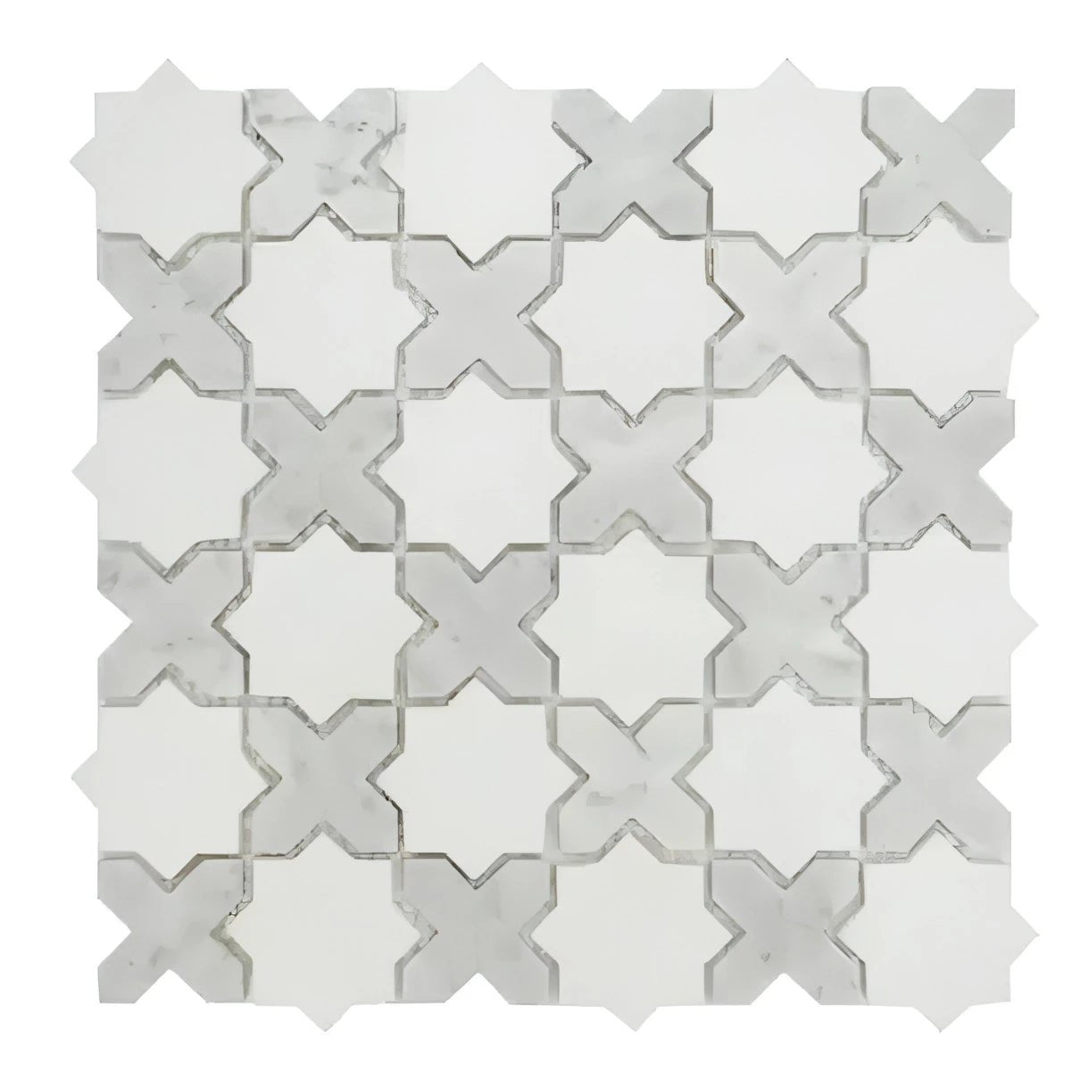 Thassos White + Carrara White Vera Ann Polished Pattern Mosaic Tile 11.81” x 11.81” - Hey Tiles