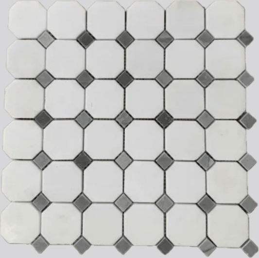 Thassos White Marble + Bardiglio Gray Dots Octagon Honed Mosaic Tile - Hey Tiles