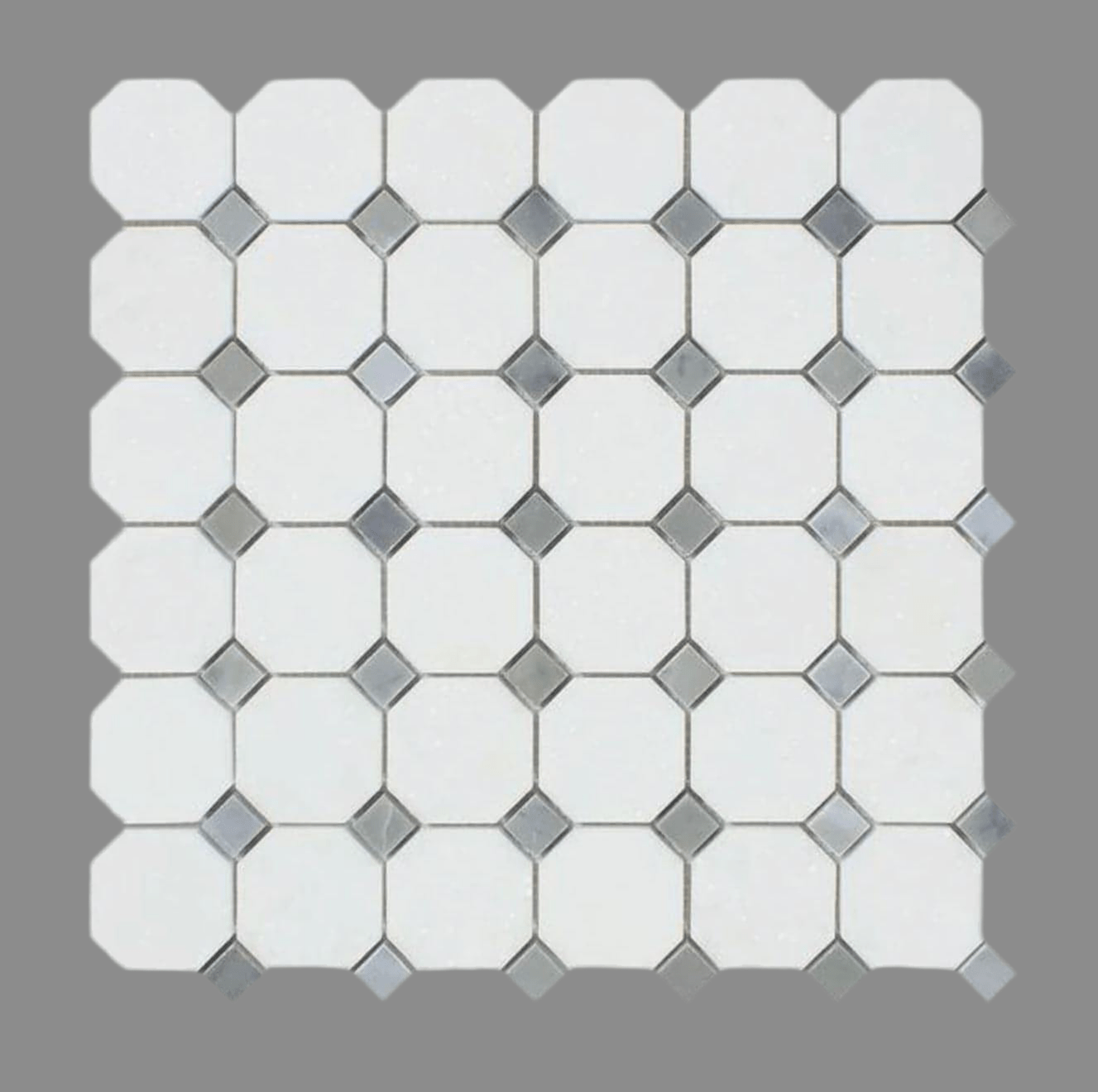 Thassos White Marble + Bardiglio Gray Dots Octagon Honed Mosaic Tile - Hey Tiles