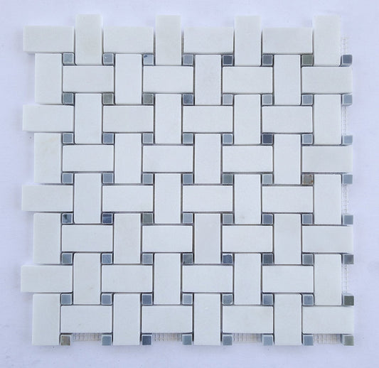 Thassos White Marble Basketweave with Gray Bardiglio Dots - Hey Tiles