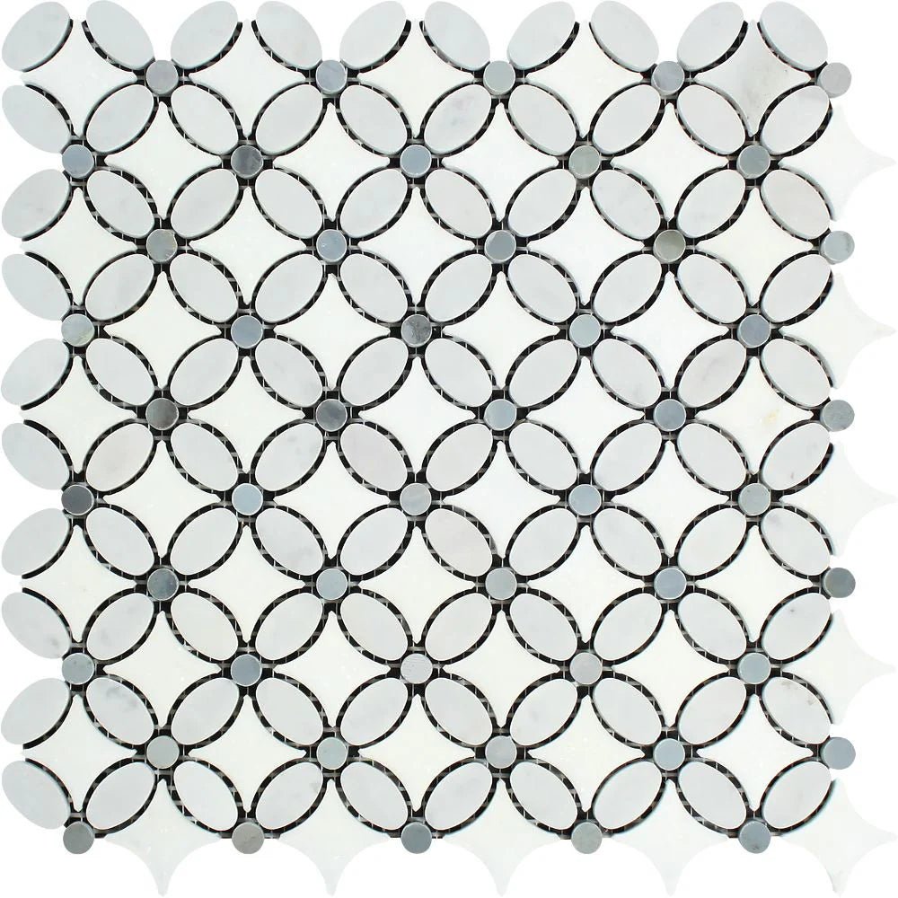 Thassos White Marble Florida Flower Mosaic Tile (Carrara + Thassos (Oval) + Blue - Gray (Dots) - Hey Tiles