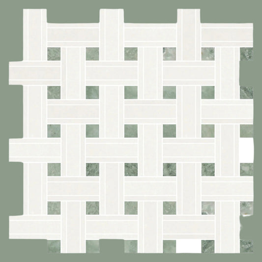 Thassos White Marble Triple - Weave Mosaic w/ Ming Green Dots - Hey Tiles