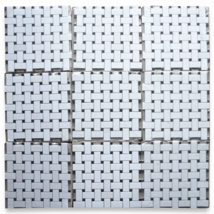 Thassos White Marble with Nero Marquina Dots Weave - Hey Tiles