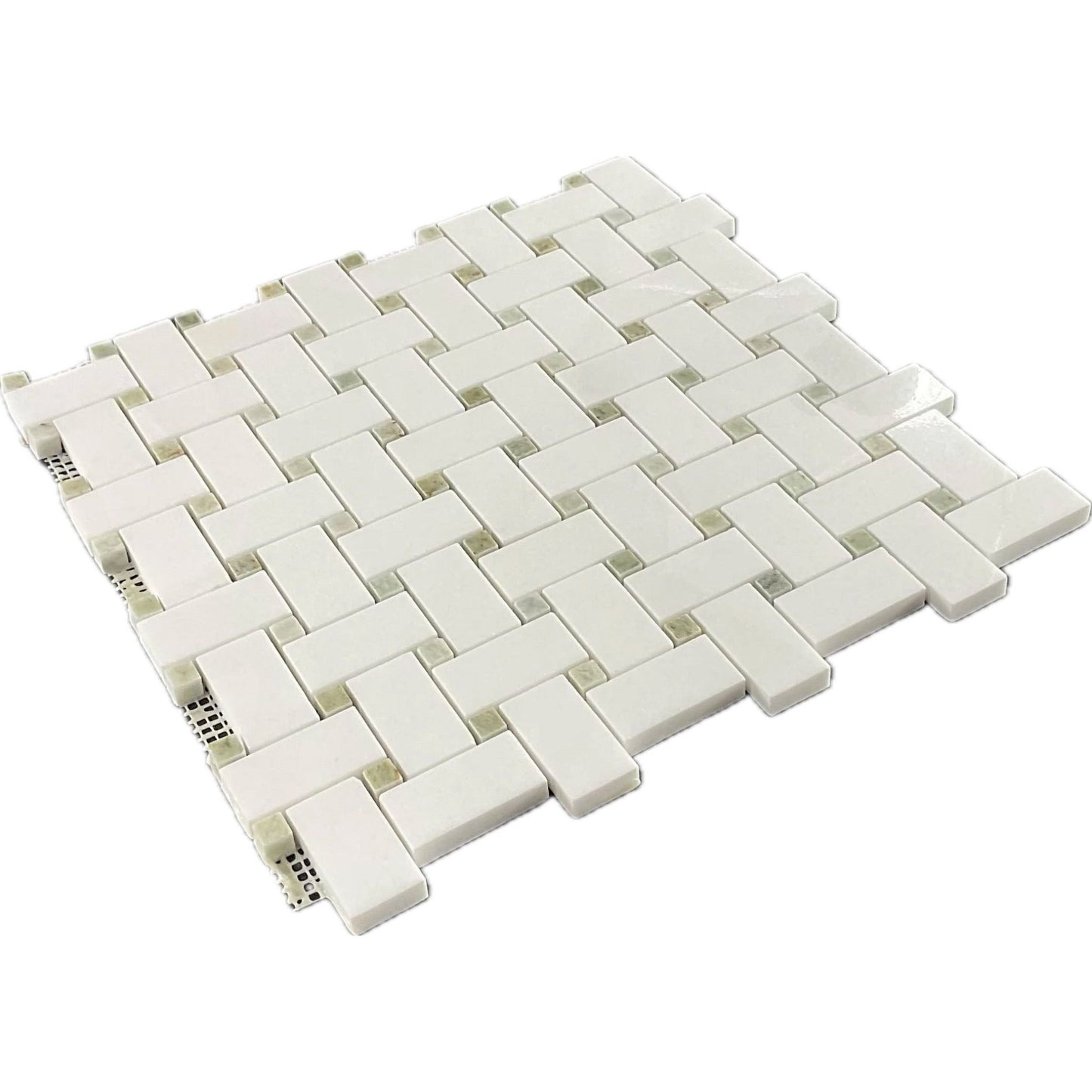 Thassos White + Ming Green Dots Marble Basketweave Mosaic Tile - Hey Tiles