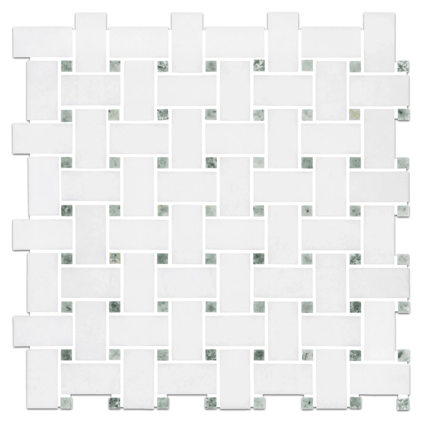 Thassos White + Ming Green Dots Marble Basketweave Mosaic Tile - Hey Tiles