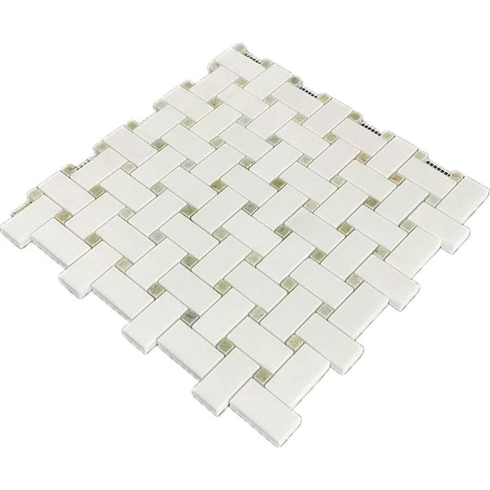 Thassos White + Ming Green Dots Marble Basketweave Mosaic Tile - Hey Tiles