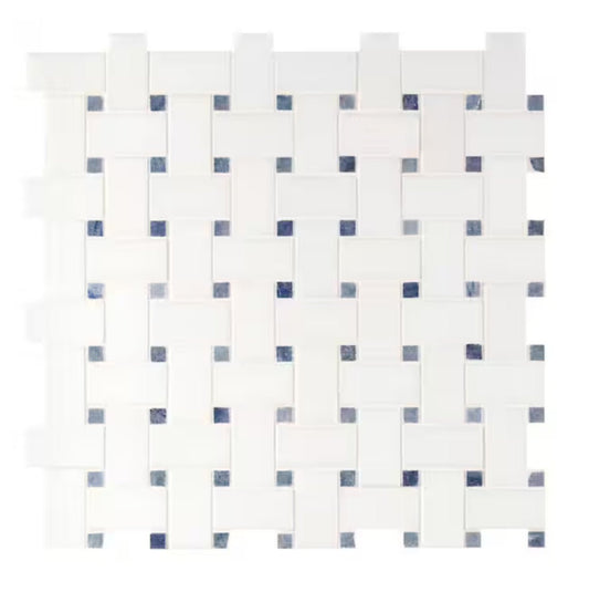 Thassos White with Blue Dots BasketWeave 12x12 Polished Marble Mosaic Tile - Hey Tiles