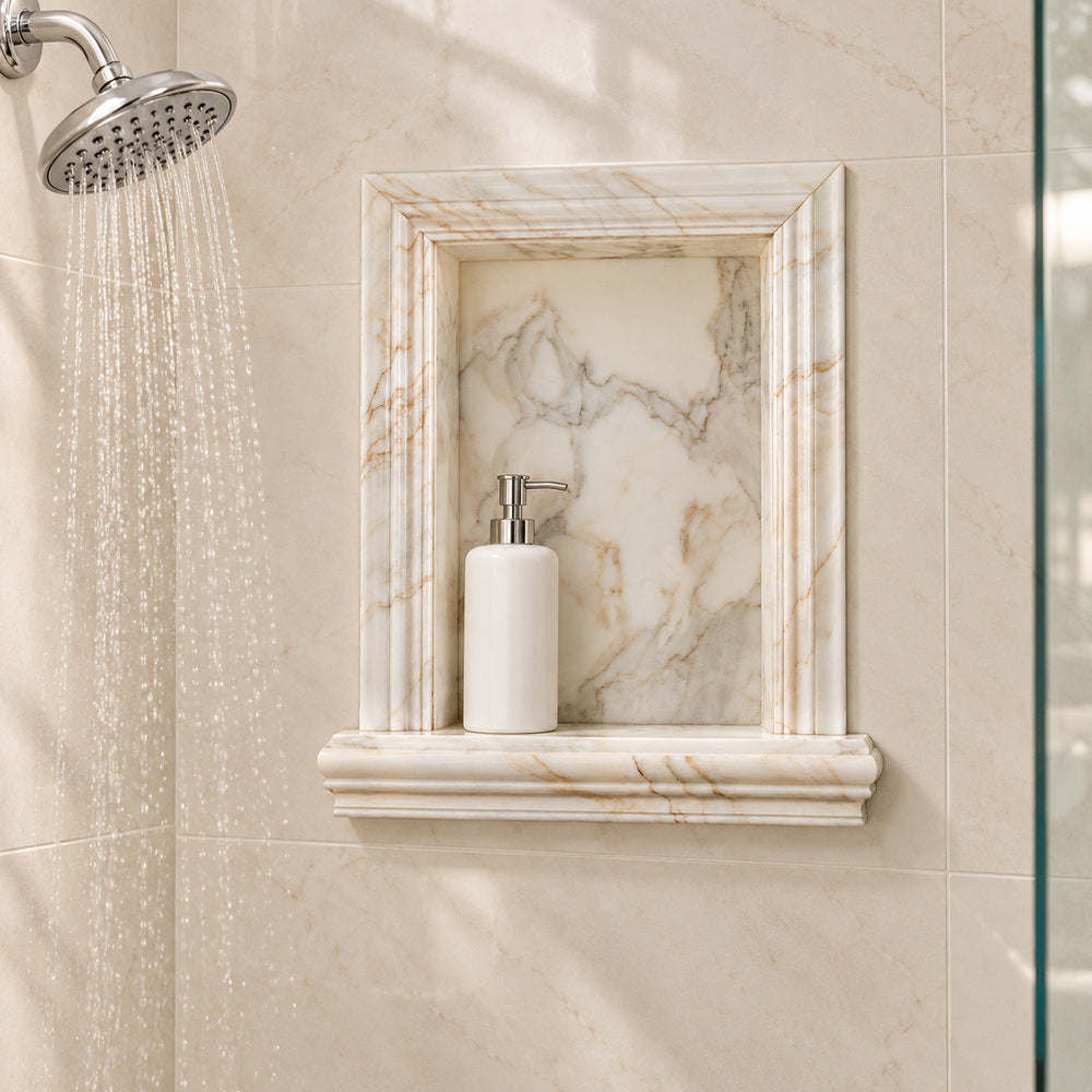 Tuscan Calacatta Gold Marble Shower Shampoo Niche – Large – bathroom inspiration
