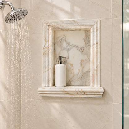 Tuscan Calacatta Gold Marble Shower Shampoo Niche – Large – bathroom inspiration