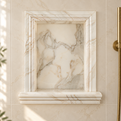 Tuscan Calacatta Gold Marble Shower Shampoo Niche – Large – AI-generated bathroom visualization; veining varies