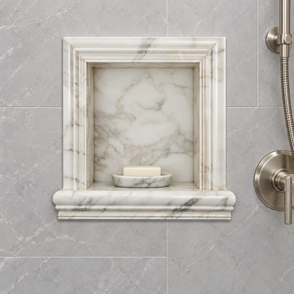 Tuscan Calacatta Gold Marble Shower Shampoo Niche – Small – bathroom inspiration