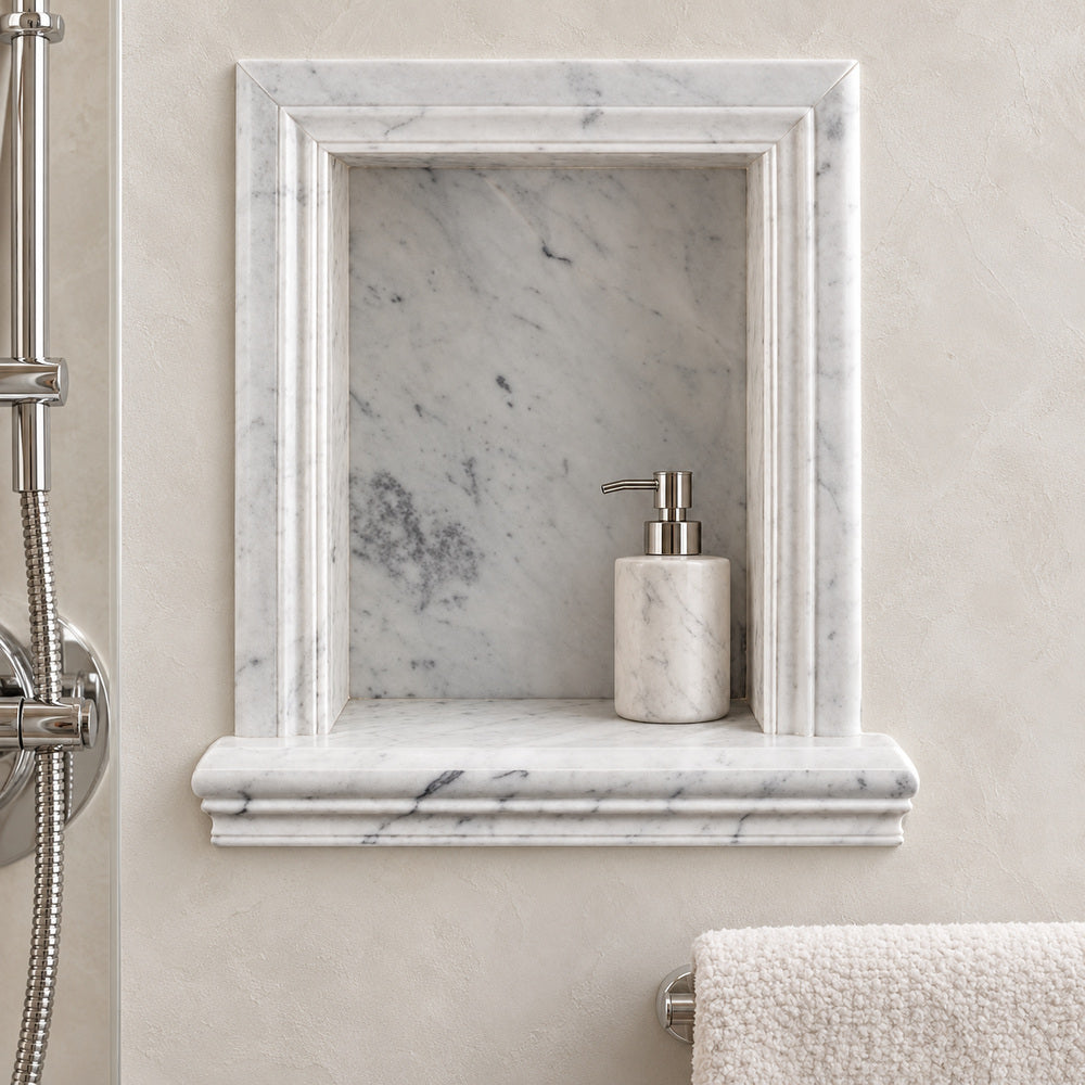 Tuscan Carrara White Marble Shower Shampoo Niche – Large – bathroom inspiration