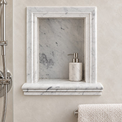 Tuscan Carrara White Marble Shower Shampoo Niche – Large – bathroom inspiration