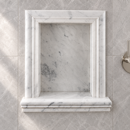 Tuscan Carrara White Marble Shower Shampoo Niche – Large – AI-generated bathroom visualization; veining varies