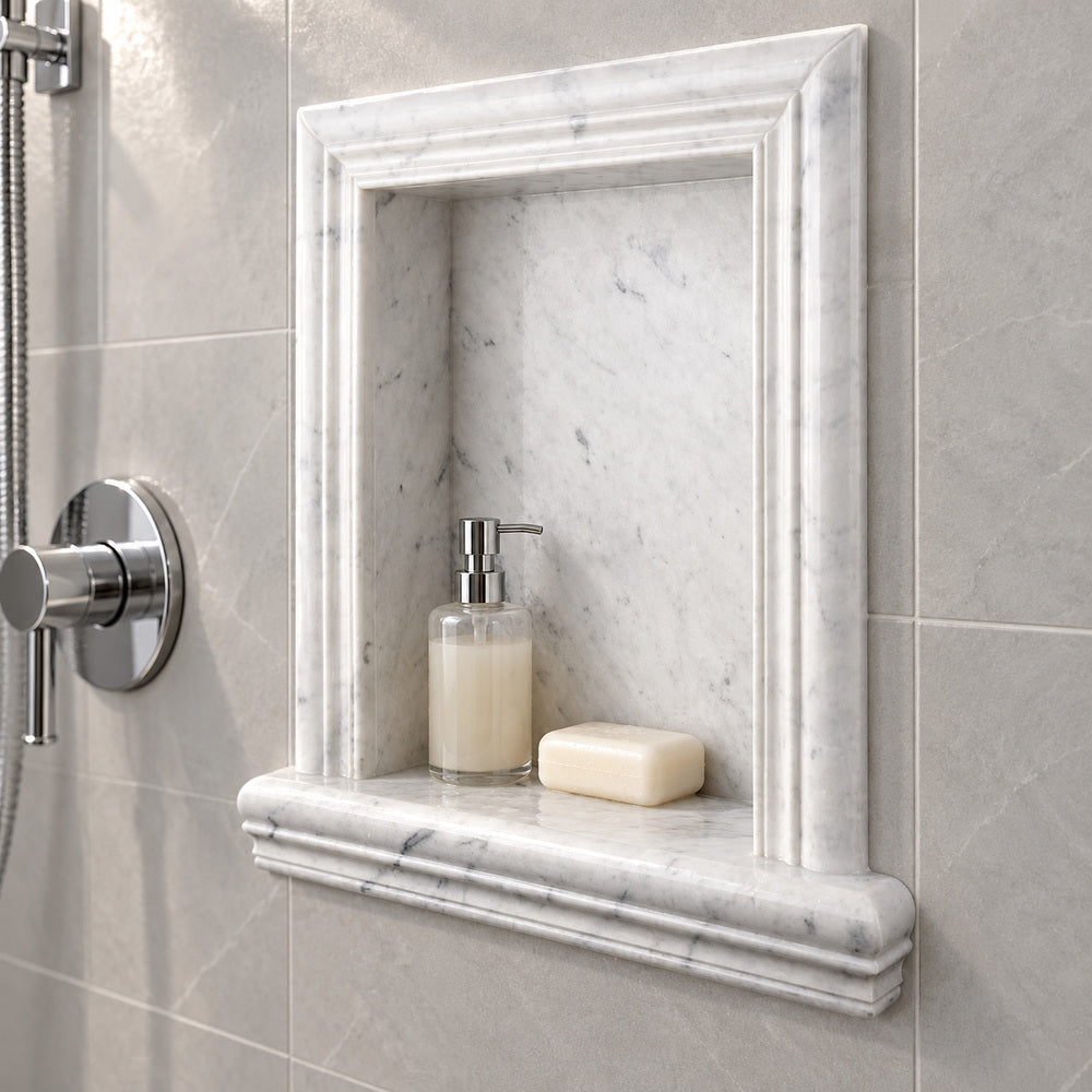 Tuscan Carrara White Marble Shower Shampoo Niche – Small – bathroom inspiration