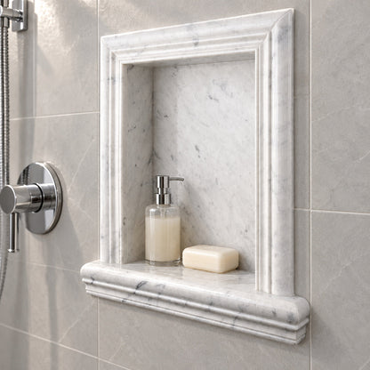Tuscan Carrara White Marble Shower Shampoo Niche – Small – bathroom inspiration