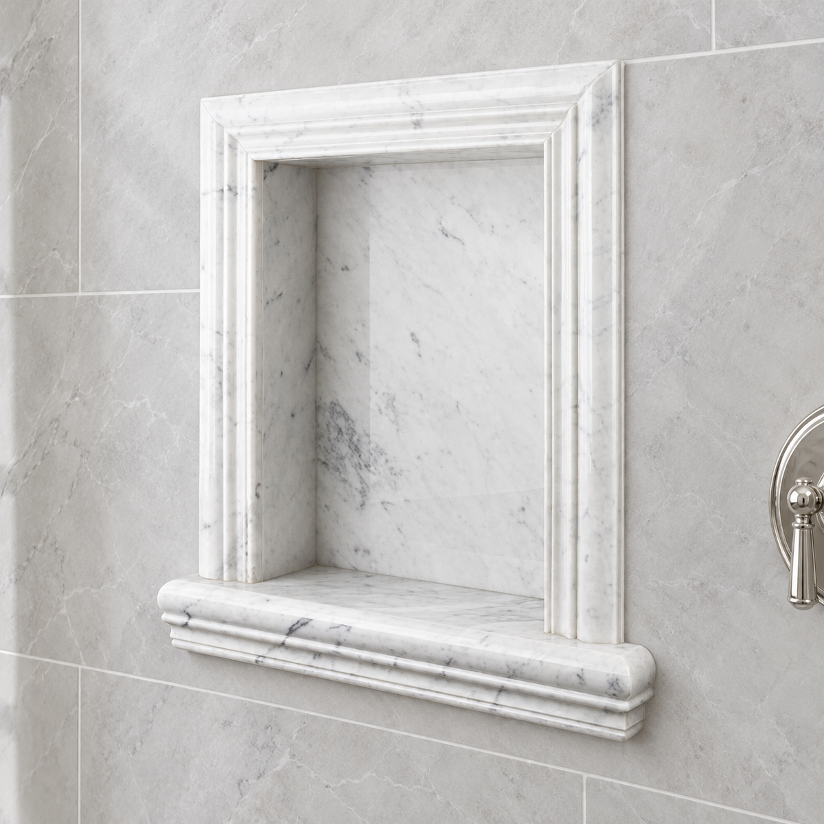 Tuscan Carrara White Marble Shower Shampoo Niche – Small – AI-generated bathroom visualization; veining varies