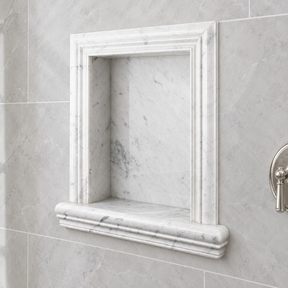 Tuscan Carrara White Marble Shower Shampoo Niche – Small – AI-generated bathroom visualization; veining varies