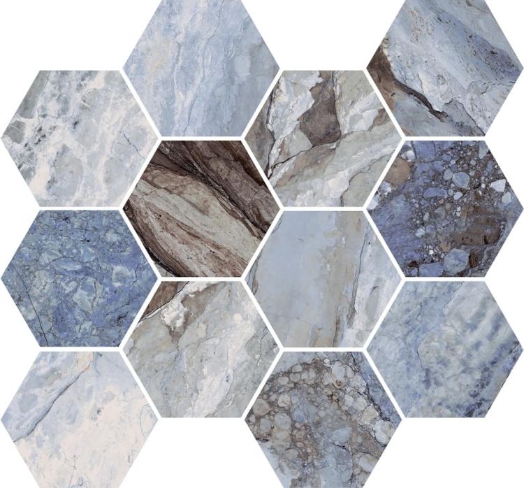 Mystic Ocean Polished Hexagon 4 x 4 12 x 13.5 Italian Porcelain Mosaic