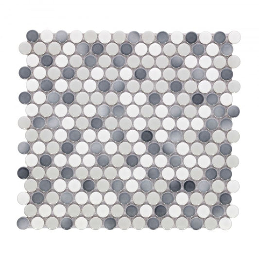 Penny Round Mixed Grey Glossy 11.5 x 12.25 Mosaic Tile