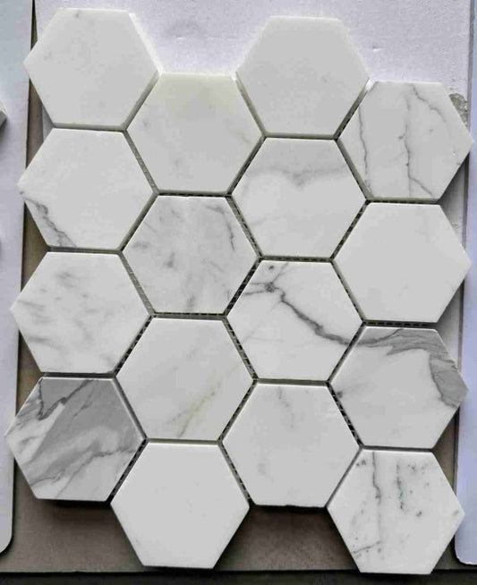 Hexagon Calacatta White Honed 3 x 3 10 x 11.5 Mosaic Tile