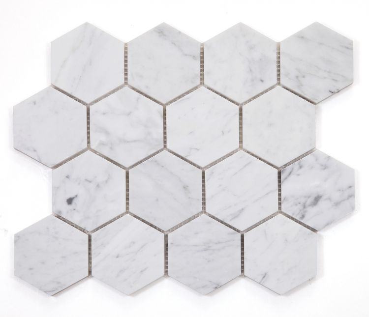 Hexagon Carrara Polished 3 x 3 10 x 11.5 Mosaic Tile