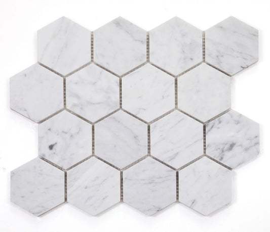 Hexagon Carrara Polished 3 x 3 10 x 11.5 Mosaic Tile