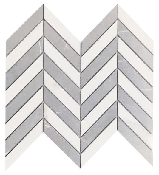 Prestigio Statuario-Impero Mix Lucido Chevron 10 x 12 Italian Porcelain Mosaic